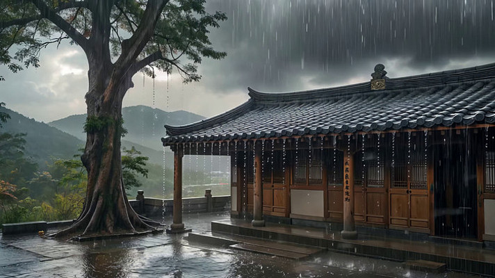 雨中古建筑与大树风景