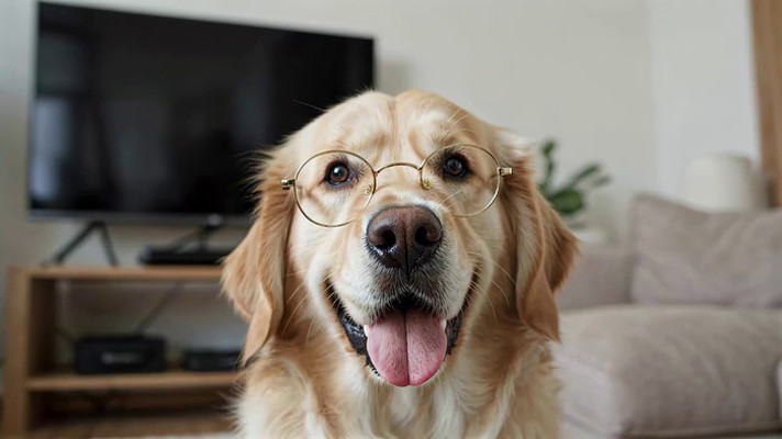 戴眼镜的金毛犬室内特写