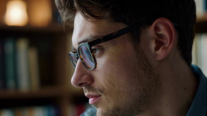 戴眼镜男子室内侧脸特写