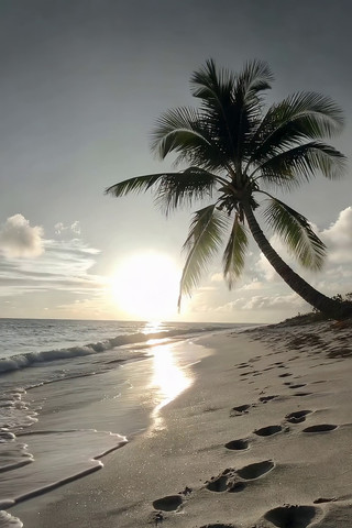 海滩日落时的椰子树与脚印