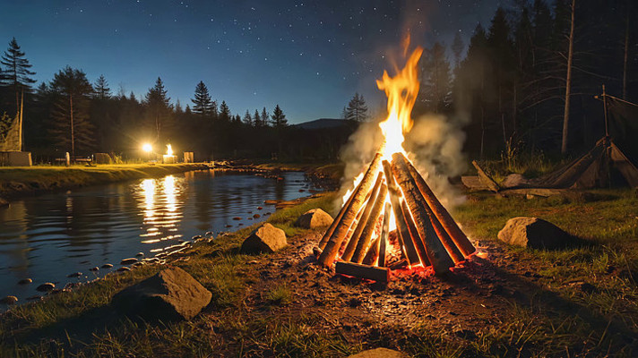 河边森林篝火夜晚景象