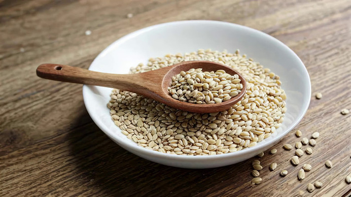 木勺白碗中盛放的五谷杂粮