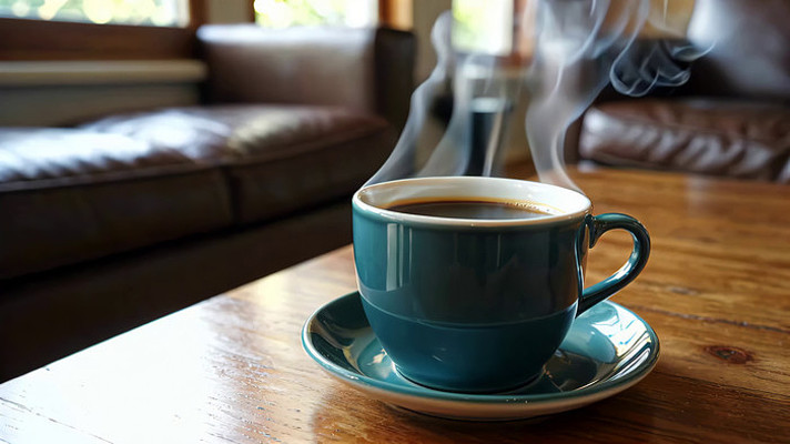 木桌上的热咖啡特写 木桌上的热咖啡特写