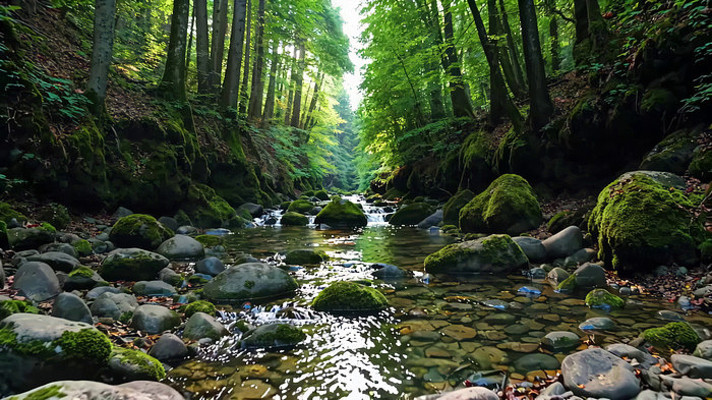 森林中清澈溪流自然风光 森林中清澈溪流自然风光