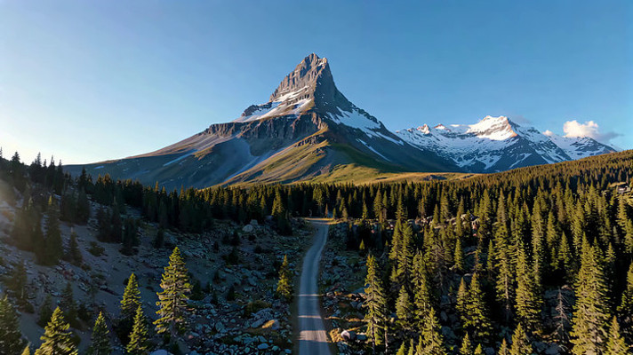 山间公路旁的森林与雪山景观 山间公路旁的森林与雪山景观