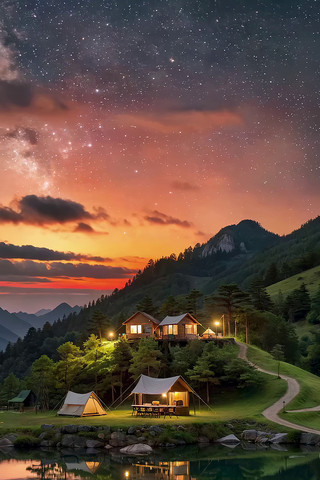 山间湖畔露营地星空夜景