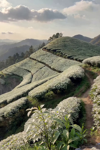 山坡上的梯田式茶园风光