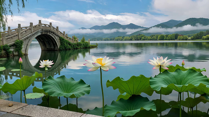 西湖拱桥荷花湖景 西湖拱桥荷花湖景
