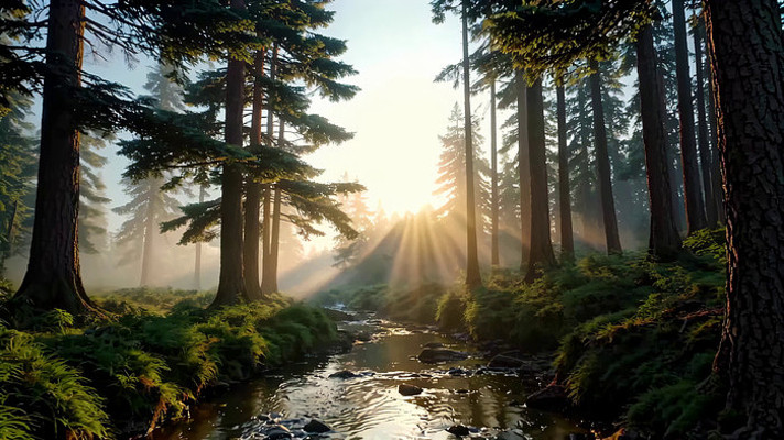 阳光照耀下的森林溪流景象 阳光照耀下的森林溪流景象
