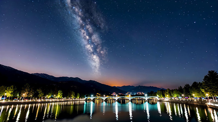 夜晚山水间银河星空美景 夜晚山水间银河星空美景