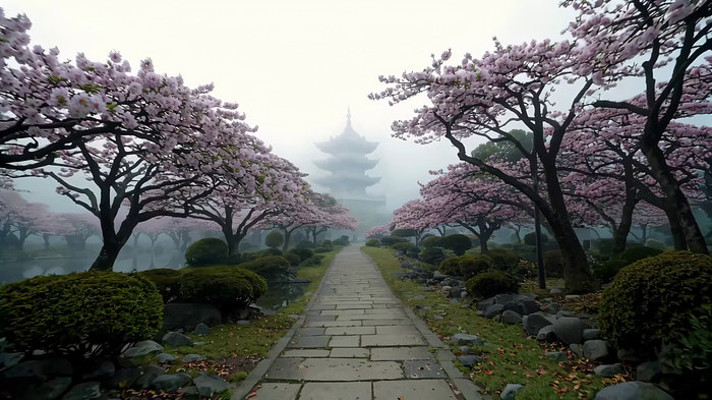 樱花树间的中式建筑风景
