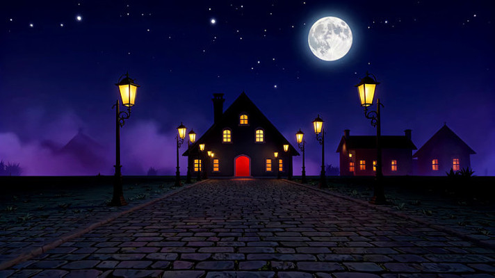 月夜下的欧式房屋街道场景