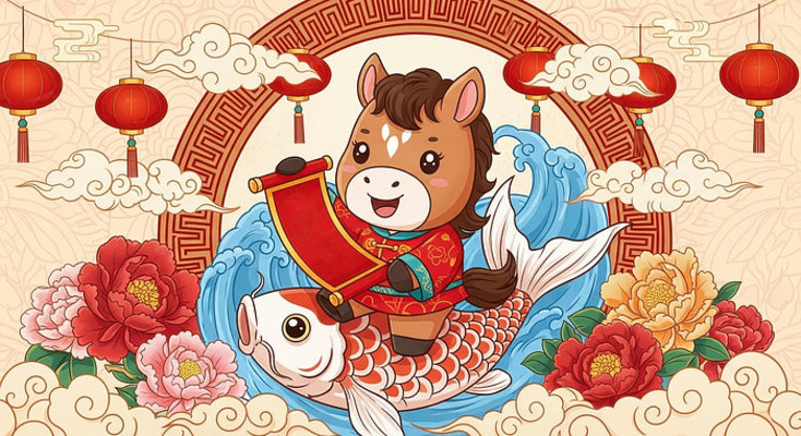 2026马年国潮卡通形象骑锦鲤图 2026马年国潮卡通形象骑锦鲤图