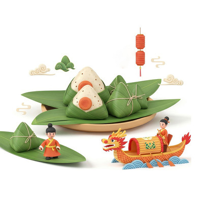 3D卡通端午节粽子龙舟插画元素 3D卡通端午节粽子龙舟插画元素
