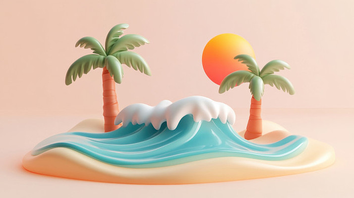 3D卡通风格的热带海岛海浪
