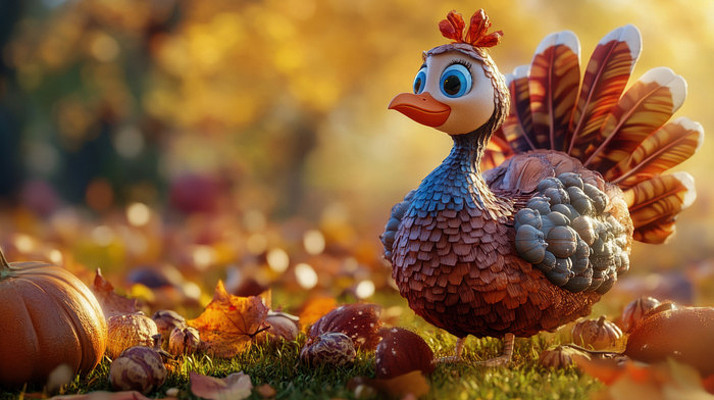 3D卡通森林里的感恩节火鸡