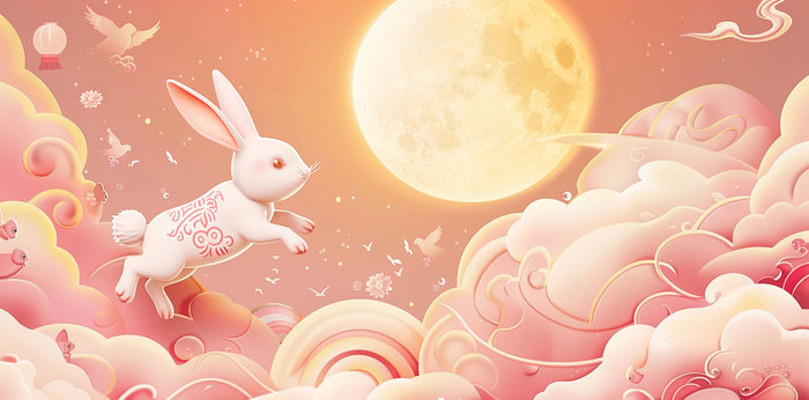 3D中秋插图兔子祥云和圆月