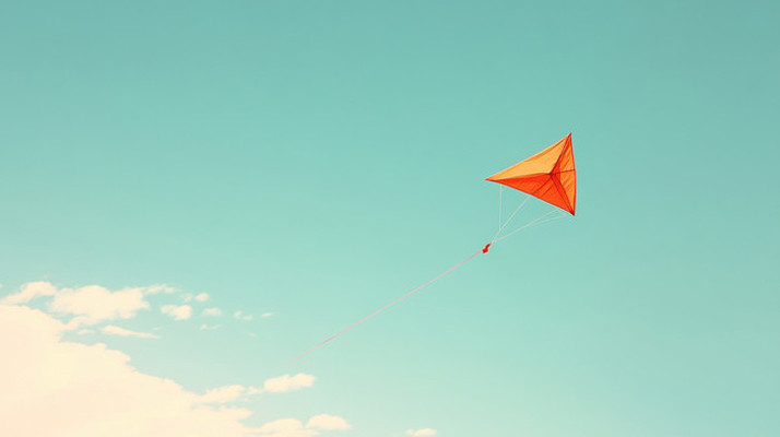 橙色风筝在蓝天白云中飞翔
