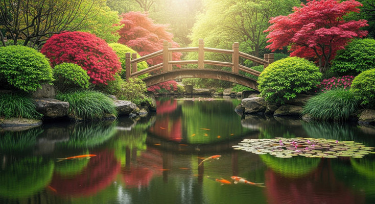 池塘园林中的木桥与湖中锦鲤 池塘园林中的木桥与湖中锦鲤