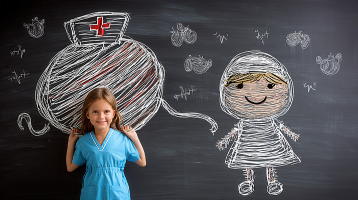 穿护士服小女孩与黑板绘画