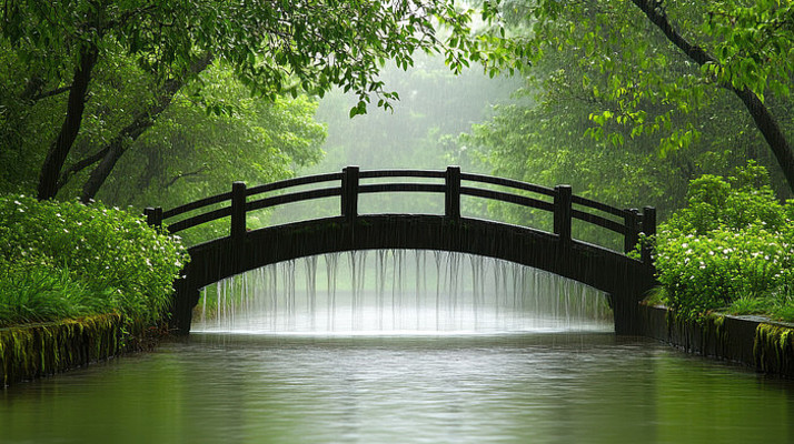 春天雨中木桥景色 春天雨中木桥景色