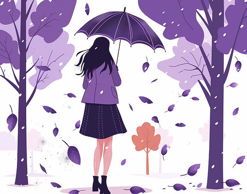 带着紫色雨伞行走在森林中的女人