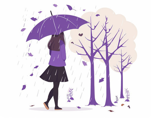 带着紫色雨伞行走在森林中的女人