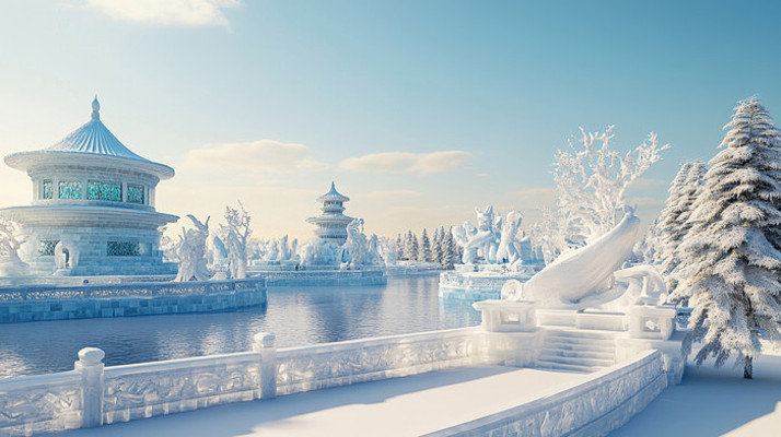 冬天冰雪下的中式园林景观 冬天冰雪下的中式园林景观