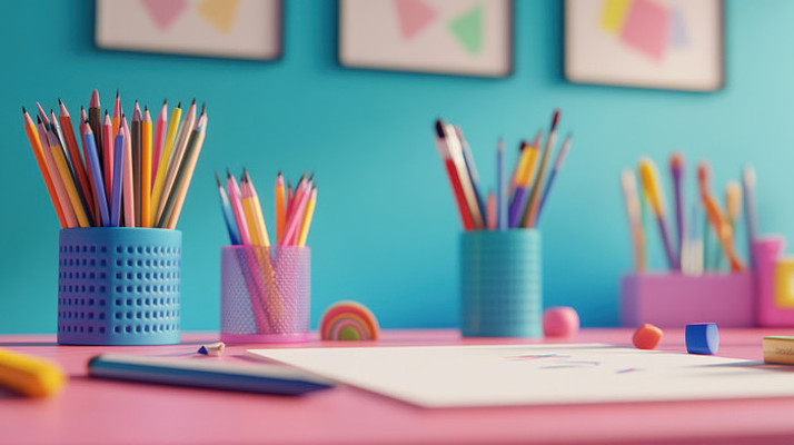 儿童绘画桌上的彩色铅笔 儿童绘画桌上的彩色铅笔
