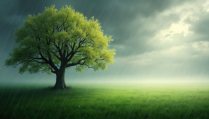 风雨中的绿色草原与大树 风雨中的绿色草原与大树