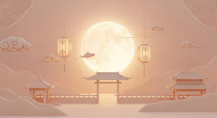 古风场景下的圆月与中式建筑 古风场景下的圆月与中式建筑