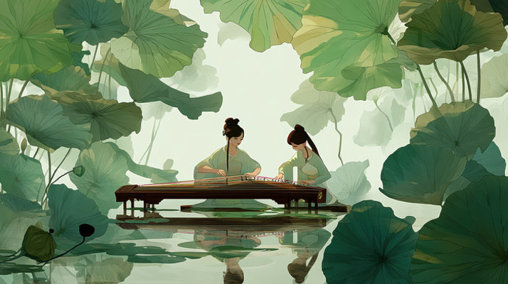 古风女子荷塘中抚琴场景插画 古风女子荷塘中抚琴场景插画