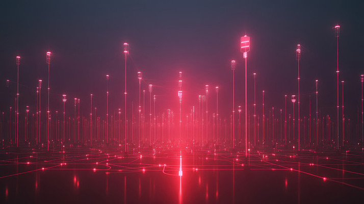 红光闪烁的数字光线链接着大地