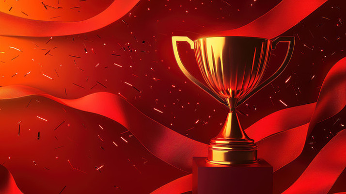 红色丝绸背景中的金色奖杯 红色丝绸背景中的金色奖杯
