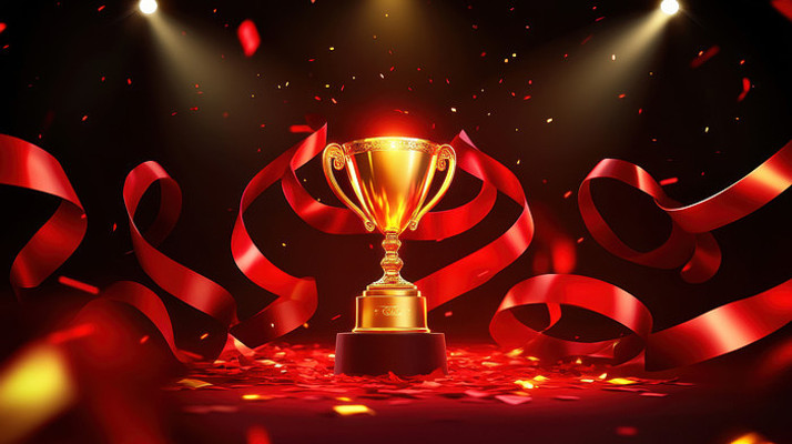 红色丝绸背景中的金色奖杯 红色丝绸背景中的金色奖杯