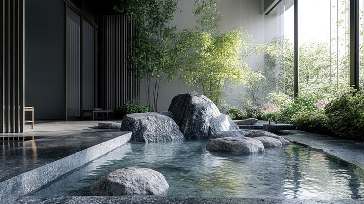 简约现代庭院中的池水假山