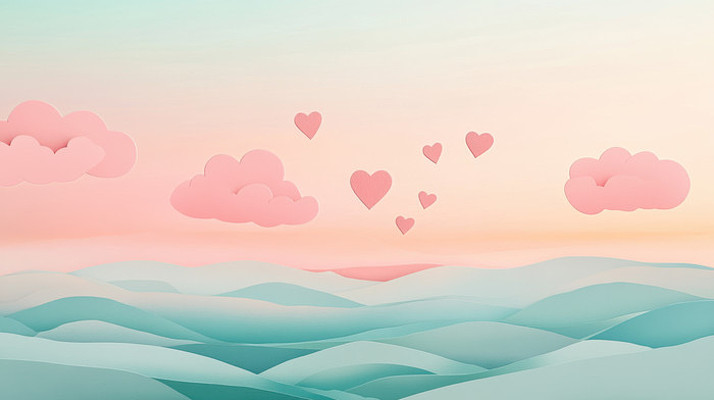 剪纸风格绿色的大海与粉色云朵爱心 剪纸风格绿色的大海与粉色云朵爱心