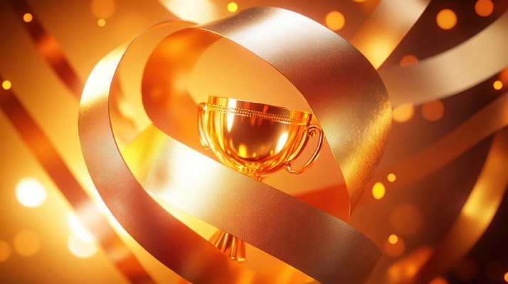 金色丝带包裹住的金色奖杯 金色丝带包裹住的金色奖杯