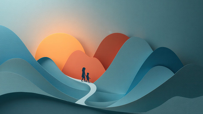 母女山间漫步剪影插画 母女山间漫步剪影插画