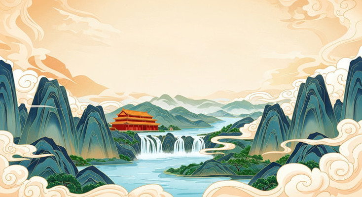 青绿山水间的中式建筑 青绿山水间的中式建筑