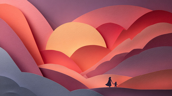 亲子剪影于纸艺风格日落景观 亲子剪影于纸艺风格日落景观