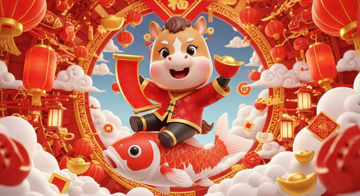 骑着锦鲤的3D卡通马形象 骑着锦鲤的3D卡通马形象