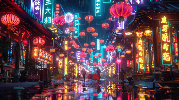 赛博朋克中式街道场景