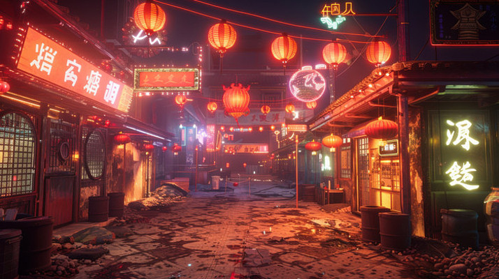 赛博朋克中式街道场景