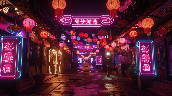 赛博朋克中式街道场景
