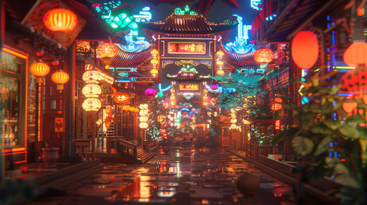 赛博朋克中式街道场景