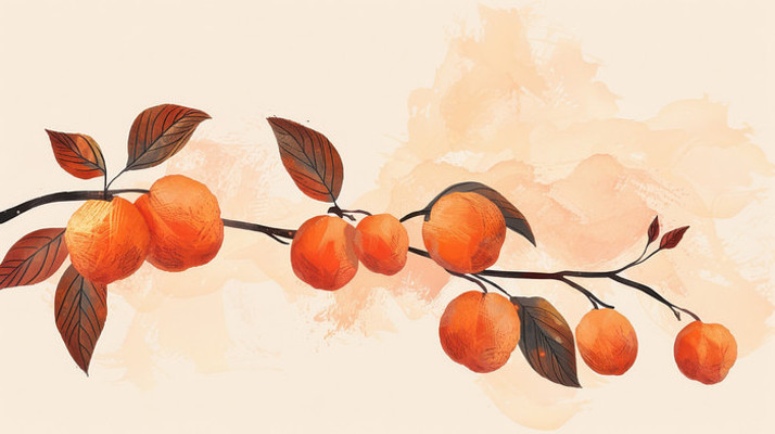 水彩风格长满成熟柿子的树枝 水彩风格长满成熟柿子的树枝