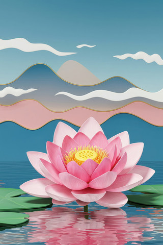 水中盛开的粉色荷花插画 水中盛开的粉色荷花插画