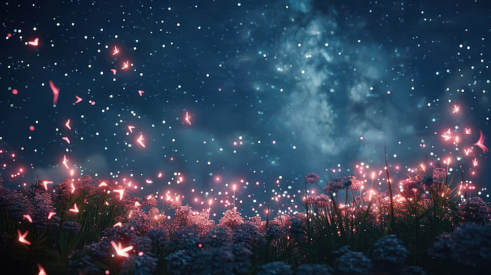 夜晚散发红光的野花和星空