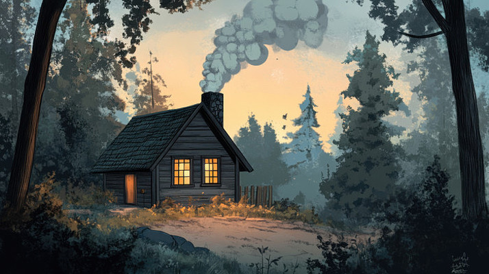 夜晚森林中的小屋正在冒着烟 夜晚森林中的小屋正在冒着烟